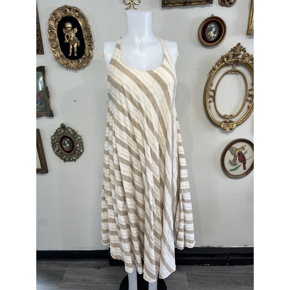 Catherine Malandret Vintage Beige & White Striped Maxi Dress Size M